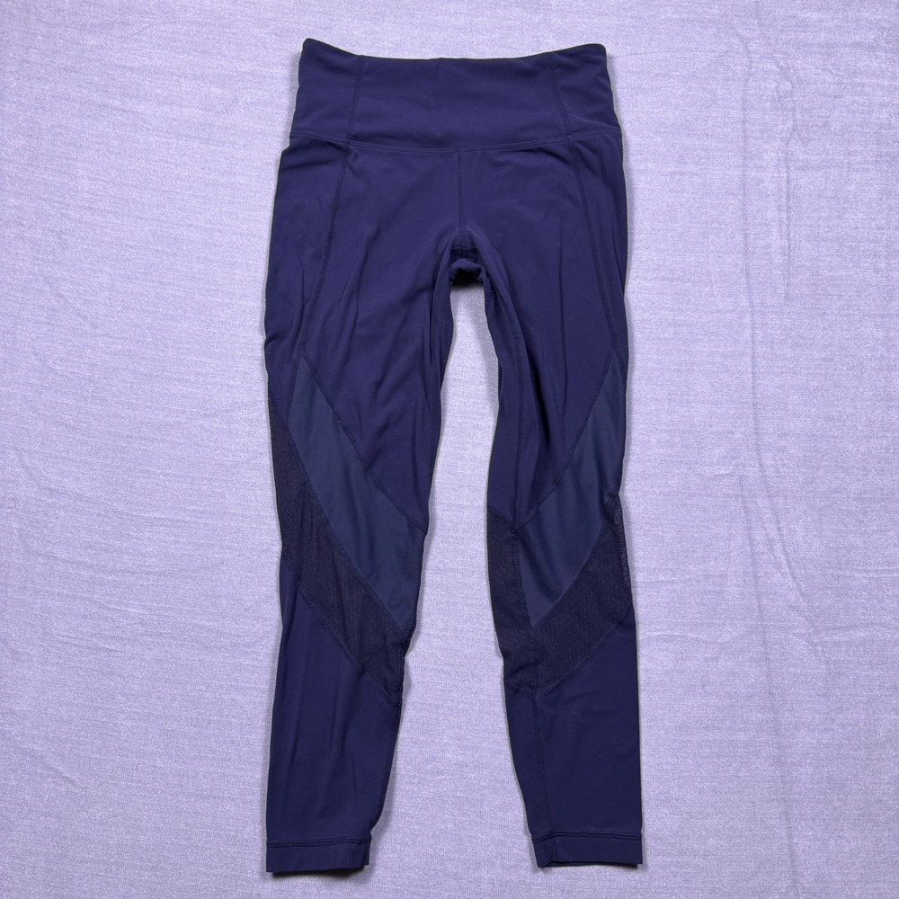 Athleta Mesh Inset Stretch Mid Rise Yoga Legging Pants Womens S Navy Blue
